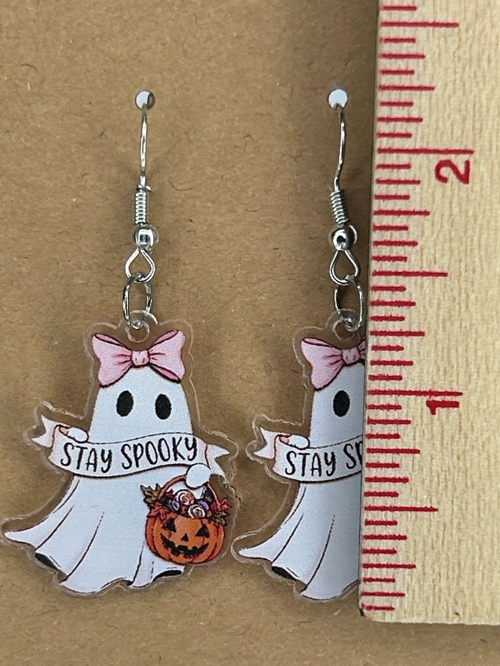 Stay Spooky Ghost Halloween Earrings with Pink Bows Fashion Jewelry - Picture 2 of 4